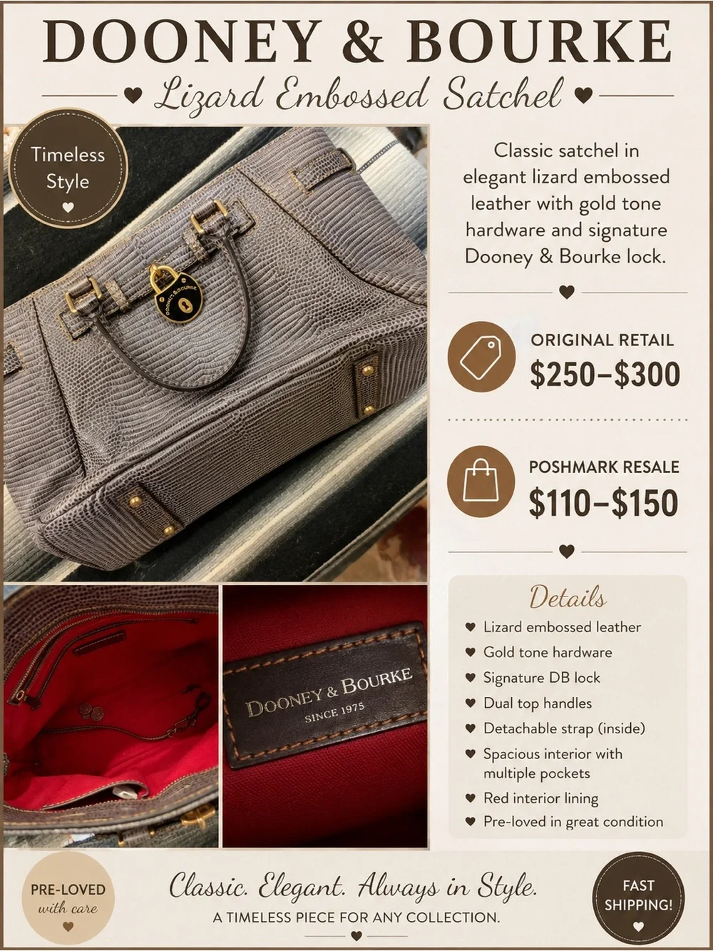 Dooney & Bourke Gray Lizard-Embossed Satchel with Gold Hardware
